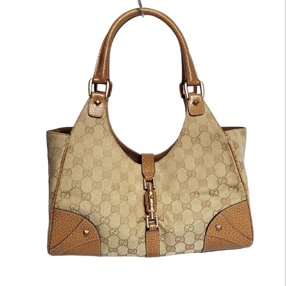 Gucci GG Canvas and Leather Nailhead Jackie Bardot Bag Tan 124407 - Picture 3 of 15